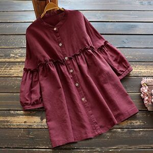 Women's Cotton Linen Shirt 3/4 Sleeve Button Down Blouse Solid Color Smocked Tunic Tops Plus Size Loose Fit T-Shirt Red