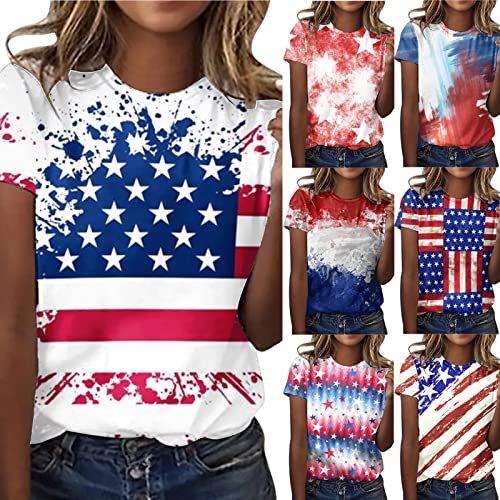 Masbird Oversized T Shirts for Women, 4th of July Shirts Women, Womens Summer Cold Shoulder Tops Independence Day Patriotic Shirts Stars Stripes Top Tees