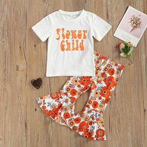 Little Toddler Baby Girl Letter Short Sleeve T-Shirt Tops Floral Flared Bell-Bottom Pants Leggings Kids Summer Outfits Set (White, 4-5 Years)
