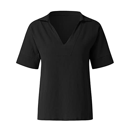 Plus Size Tops for Women Summer Cotton Linen T-Shirt Short Sleeve Lapel Neck Casual Shirts Going Out Blouse for Womens Black