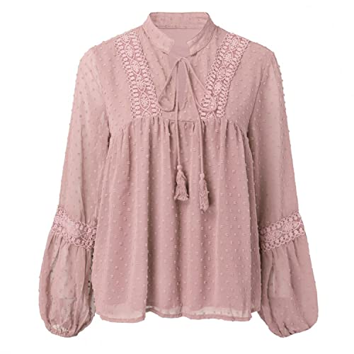 Long Sleeve Tops for Women Chiffon V Neck Collared Tie Neck Mesh Lace Fall Tshirts Tee Lanterned Sleeve Plain Autumn Elegant T-shirts Swiss Dot Summer Trendy Tunic Blouses Casual Solid Color Pink