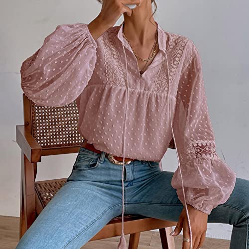 Long Sleeve Tops for Women Chiffon V Neck Collared Tie Neck Mesh Lace Fall Tshirts Tee Lanterned Sleeve Plain Autumn Elegant T-shirts Swiss Dot Summer Trendy Tunic Blouses Casual Solid Color Pink