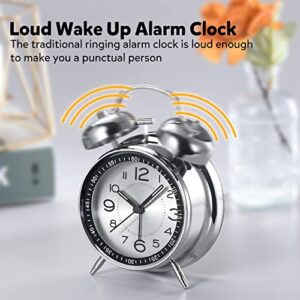 Loud Alarm Clock for Heavy Sleepers Adults,Retro 4 Inch Silent Non-Ticking Quartz with Backlight,Twin Bell Analog Kids Alarm Clocks for Bedrooms Bedside (Blue)