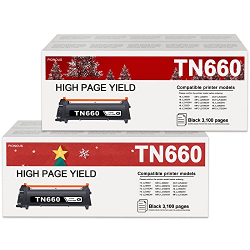 PIONOUS Compatible TN660 2 Pack Toner Cartridge Replacement for Brother TN 660 TN-660 for HL-L2300D L2305W L2320D MFC-L2680W L2685DW DCP-L2520DW L2540DW Printer