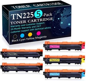 5 pack (2bk+1c+1y+1m) tn225 toner cartridge replacement for brother mfc-9130cw mfc-9140cdn mfc-9330cdw mfc-9340cdw dcp-9015cdw dcp-9020cdn hl-3140cw hl-3150cdn hl-3170cdw hl-3180cdw printers toner