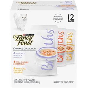 fancy feast purina grain free wet cat food variety pack, broths creamy collection – (3 packs of 12) 1.4 oz. pouches