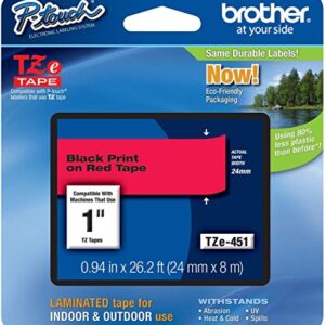 Brother Genuine P-Touch TZE-451 Tape, 1" (24 mm) Standard Laminated P-Touch Tape, Black on Red, for Indoor or Outdoor Use, Water-Resistant, 26.2 ft (8 m), Single-Pack (6)