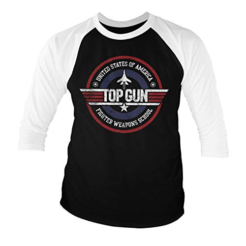 Top Gun Officially Licensed Fighter Weapons School Baseball 3/4 Sleeve T-Shirt (White-Black), Small