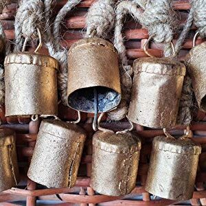 HIGHBIX 4cm Small Vintage Rustic Lucky Tin Metal Cow Bells Handmade Christmas Décor Bells on Jute Rope (10, Cylinder)