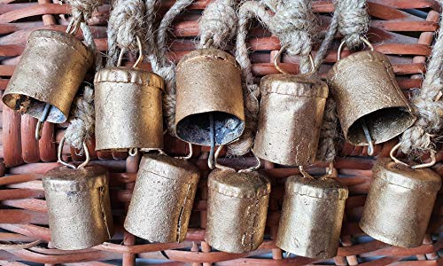 HIGHBIX 4cm Small Vintage Rustic Lucky Tin Metal Cow Bells Handmade Christmas Décor Bells on Jute Rope (10, Cylinder)