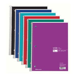 office depot wirebound notebook, 3-hole punched, 8in x 10 1/2in, 3 subjects, wide ruled, 120 sheets, assorted colors (no color choice), 05949