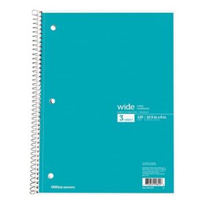 Office Depot Wirebound Notebook, 3-Hole Punched, 8in x 10 1/2in, 3 Subjects, Wide Ruled, 120 Sheets, Assorted Colors (No Color Choice), 05949