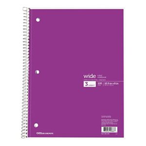 Office Depot Wirebound Notebook, 3-Hole Punched, 8in x 10 1/2in, 3 Subjects, Wide Ruled, 120 Sheets, Assorted Colors (No Color Choice), 05949