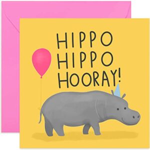 old english co. hippo hooray birthday card for him or her – funny birthday card animal pun design | for brother, son, daughter, sister, friend | blank inside & envelope included