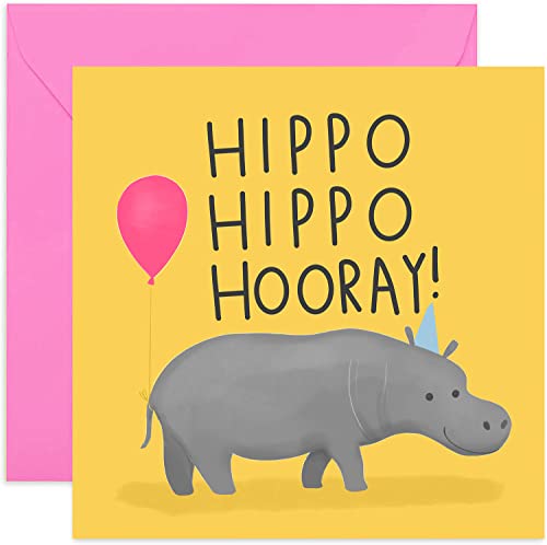 Old English Co. Hippo Hooray Birthday Card for Him or Her - Funny Birthday Card Animal Pun Design | For Brother, Son, Daughter, Sister, Friend | Blank Inside & Envelope Included