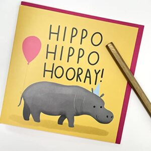 Old English Co. Hippo Hooray Birthday Card for Him or Her - Funny Birthday Card Animal Pun Design | For Brother, Son, Daughter, Sister, Friend | Blank Inside & Envelope Included