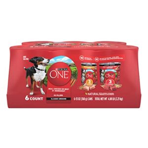 purina one classic ground chicken and brown rice, and beef and brown rice entrees wet dog food variety pack – (packs of 6) 13 oz. cans