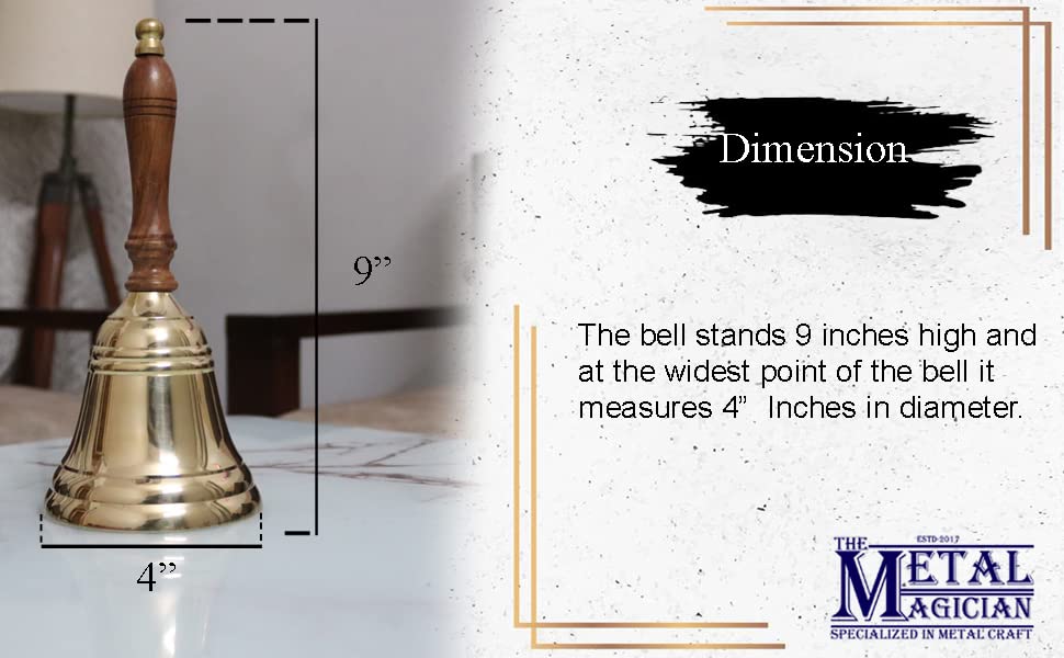 8.5"(H) 4"(D) Solid Brass Bell Quality Wooden Handle Bell Perfect for Dinner, Indoor, Outdoor, School, Bar, Reception, Last Order & Church by The Metal Magician