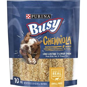 purina busy rawhide small/medium breed dog bones, chewnola with oats & brown rice – 10 ct. pouch