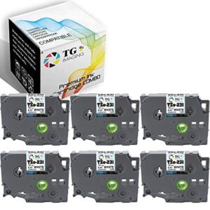 6-pack tg imaging compatible p touch tze 231 tze231 tze-231 label tape (black on white, laminated) replacement for brother p-touch ptd210 pte300 ptd400 ptd60 label maker (0.47 inches/12mm)