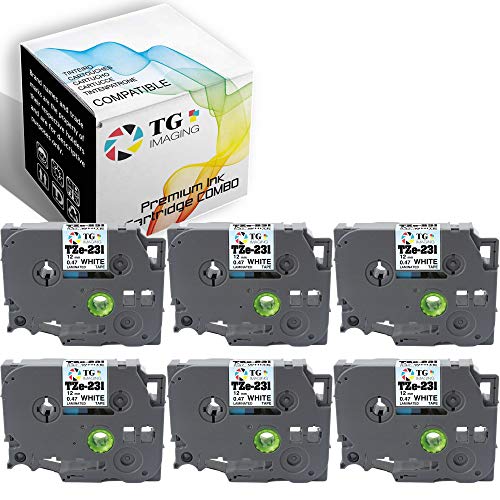 6-Pack TG Imaging Compatible P Touch TZe 231 TZe231 TZe-231 Label Tape (Black on White, Laminated) Replacement for Brother P-Touch PTD210 PTE300 PTD400 PTD60 Label Maker (0.47 inches/12mm)