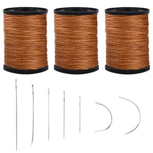 topus extra strong upholstery repair sewing thread kit and heavy duty household hand needles, including 7 styles of leather canvas sewing needles and 3 rolls brown nylon thread (70 yard of each roll)