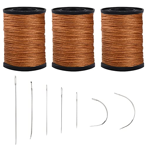 Topus Extra Strong Upholstery Repair Sewing Thread Kit and Heavy Duty Household Hand Needles, Including 7 Styles of Leather Canvas Sewing Needles and 3 Rolls Brown Nylon Thread (70 Yard of Each Roll)