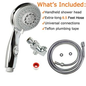 HauSun Handheld Shower Head with On/Off Switch - 5 Spray Settings 6.5 Feet Extra Long Hose High Pressure with Bathroom Faucet Kit - Universal Adapter Holder Mount for Wall,Chrome Finish