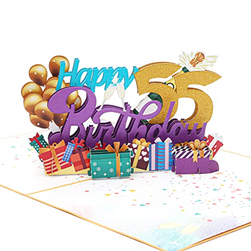 Liif Happy 55th Birthday 3D Greeting Pop Up Card, 55th Birthday Card For Women, Men, Mom, Dad - Balloon, Champagne, Funny, 55 Years Old, Celebration | With Message Note & Envelop | Size 8 X 6 Inch