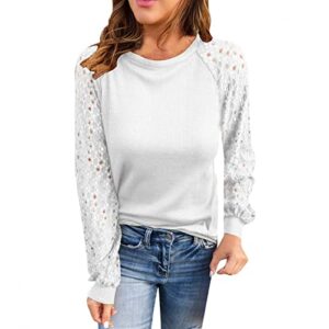 long sleeve tshirts for women crewneck lace hollow sleeve waffle plain fall tops shirts summer casual tee trendy o round neck tunic blouses spring autumn t-shirts to wear solid color white