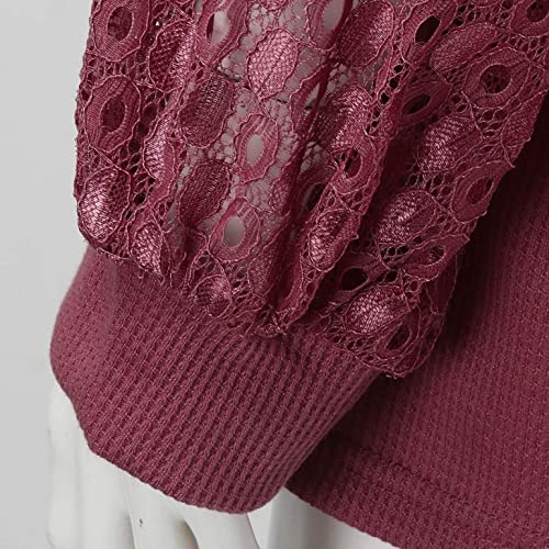 Long Sleeve Tshirts for Women Crewneck Lace Hollow Sleeve Waffle Plain Fall Tops Shirts Summer Casual Tee Trendy O Round Neck Tunic Blouses Spring Autumn T-shirts to Wear Solid Color White