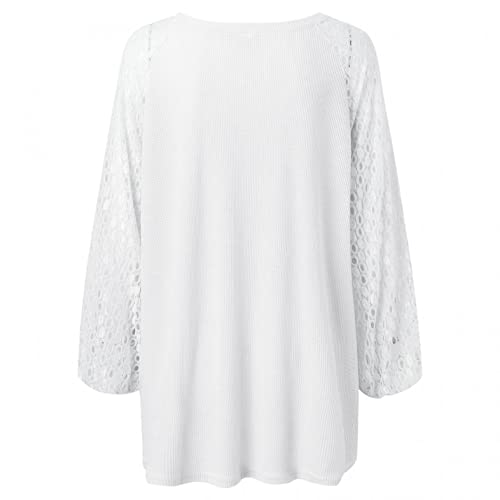Long Sleeve Tshirts for Women Crewneck Lace Hollow Sleeve Waffle Plain Fall Tops Shirts Summer Casual Tee Trendy O Round Neck Tunic Blouses Spring Autumn T-shirts to Wear Solid Color White