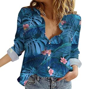 button down shirts for women collared long sleeve loose fall blouses hawaiian loose fit spring casual patterned trendy boho print cottagecore tunic tops autumn summer flower palm leaves dark blue