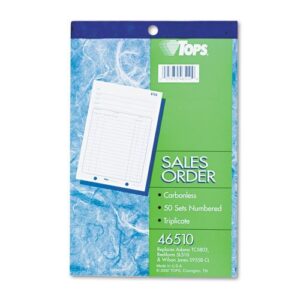 tops products – tops – sales order book, 5-1/2 x 7-7/8, 3-part carbonless, 50 sets/book – sold as 1 each – unheaded columns for customizing to specific needs. – order forms consecutively numbered to help with record keeping. – perforated for easy removal.