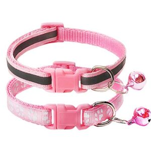 CHBORCHICEN 2-Pack Footprint & Reflective Cat Collar with Bell Basic Dog Cat Collar Buckle Adjustable Polyester Cat Dog Collar or Seatbelts (X-Small, Pink)