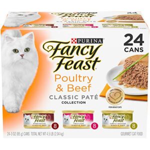 purina fancy feast grain free pate wet cat food variety pack, poultry & beef collection – (24) 3 oz. cans