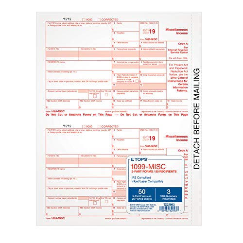 TOPS 1099 MISC Forms 2019, 5 Part Tax Forms, 50 Recipients Laser/Inkjet Forms, 3 1096 Summary Forms (TXA22993), White (TX22993)