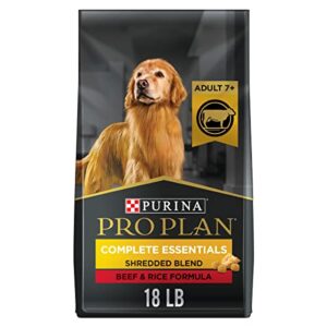 purina pro plan adult 7+ complete essentials shredded blend beef & rice formula high protein dog food for senior dogs – 18 lb. bag