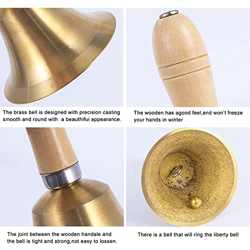 Dreokee Hand Bell 3.15 Inch Hand Call Bell with Solid Brass Wooden Handle Loud Handbell Dinner Call Bell for Adults Multi-Purpose for Weddings, Christmas, School, Service, Game, Animal