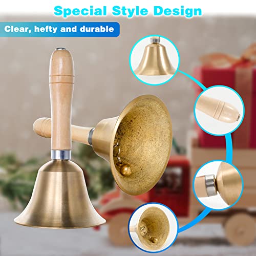 Dreokee Hand Bell 3.15 Inch Hand Call Bell with Solid Brass Wooden Handle Loud Handbell Dinner Call Bell for Adults Multi-Purpose for Weddings, Christmas, School, Service, Game, Animal