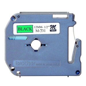 brother m series m-731 non-laminated tape cartridge-1/2in black on metallic green -non-laminated tape pt-85 100 110