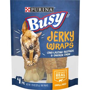 purina busy grain free small/medium breed dog jerky rawhide treats, jerky wraps beefhide & chicken – (5) 4 ct. pouches