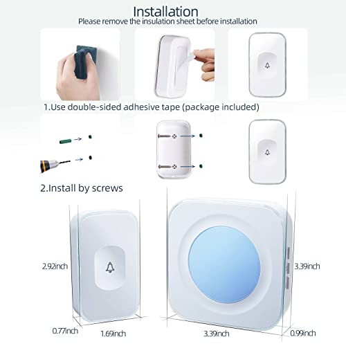 Wireless Doorbell Plug in 1200feet wireless door bell Battery Operated Doorbell Button with Flashing Light 36 Melodies 4 Volume 2 Receivers 1 Touch Button White FUHONGRUI