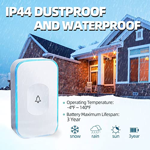 Wireless Doorbell Plug in 1200feet wireless door bell Battery Operated Doorbell Button with Flashing Light 36 Melodies 4 Volume 2 Receivers 1 Touch Button White FUHONGRUI