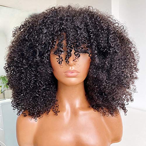 Afro Kinky Curly Wig With Bangs Scalp Top Wig 200 Density Full Machine Made Virgin Brazilian Short Curly Human Hair Wigs Natural Color 20Inch