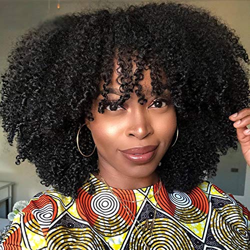 Afro Kinky Curly Wig With Bangs Scalp Top Wig 200 Density Full Machine Made Virgin Brazilian Short Curly Human Hair Wigs Natural Color 20Inch