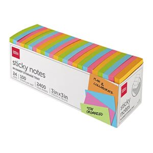 office depot® brand sticky notes, with storage tray, 3″ x 3″, assorted vivid colors, 100 sheets per pad, pack of 24 pads