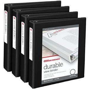 Office Depot® Brand Durable View 3-Ring Binder, 1 1/2" Round Rings, 49% Recycled, Black, Pack Of 4