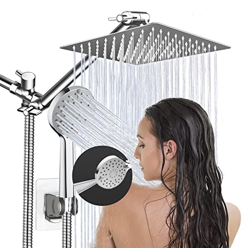 Shower Head,8”Rain Shower Head with Handheld Spray Combo with ON/OFF Pause Switch and 11'' Angle Adjustable Extension Arm/Flow Regulator,Shower Heads High Pressure Easy to Clean Bathtub,Chrome