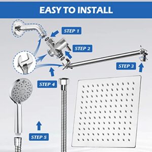 Shower Head,8”Rain Shower Head with Handheld Spray Combo with ON/OFF Pause Switch and 11'' Angle Adjustable Extension Arm/Flow Regulator,Shower Heads High Pressure Easy to Clean Bathtub,Chrome